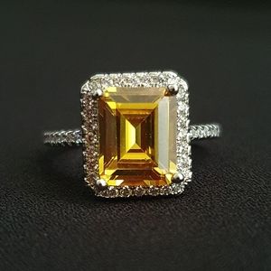 Charm Siver Rectangle Yellow Crystal Ring